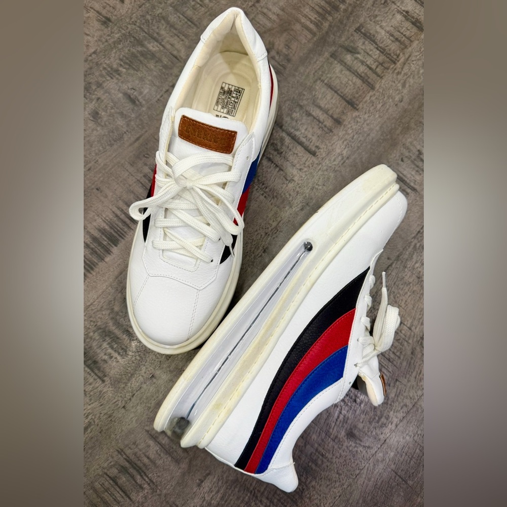 Classic White Sneakers with Red and Blue Stripes